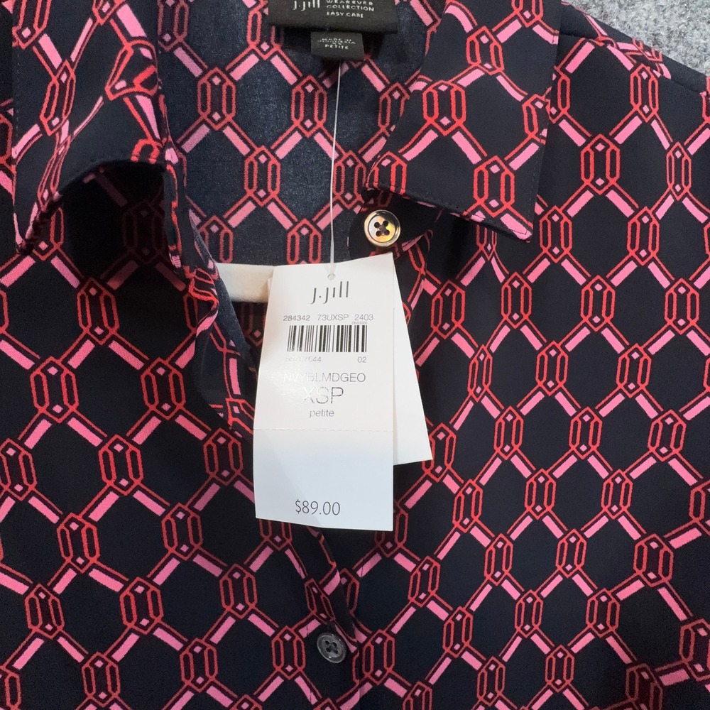 J. Jill Blouse Women XS Blue Pink Geometric Wearever Petite Button Up Blouse NEW - Picture 4 of 11